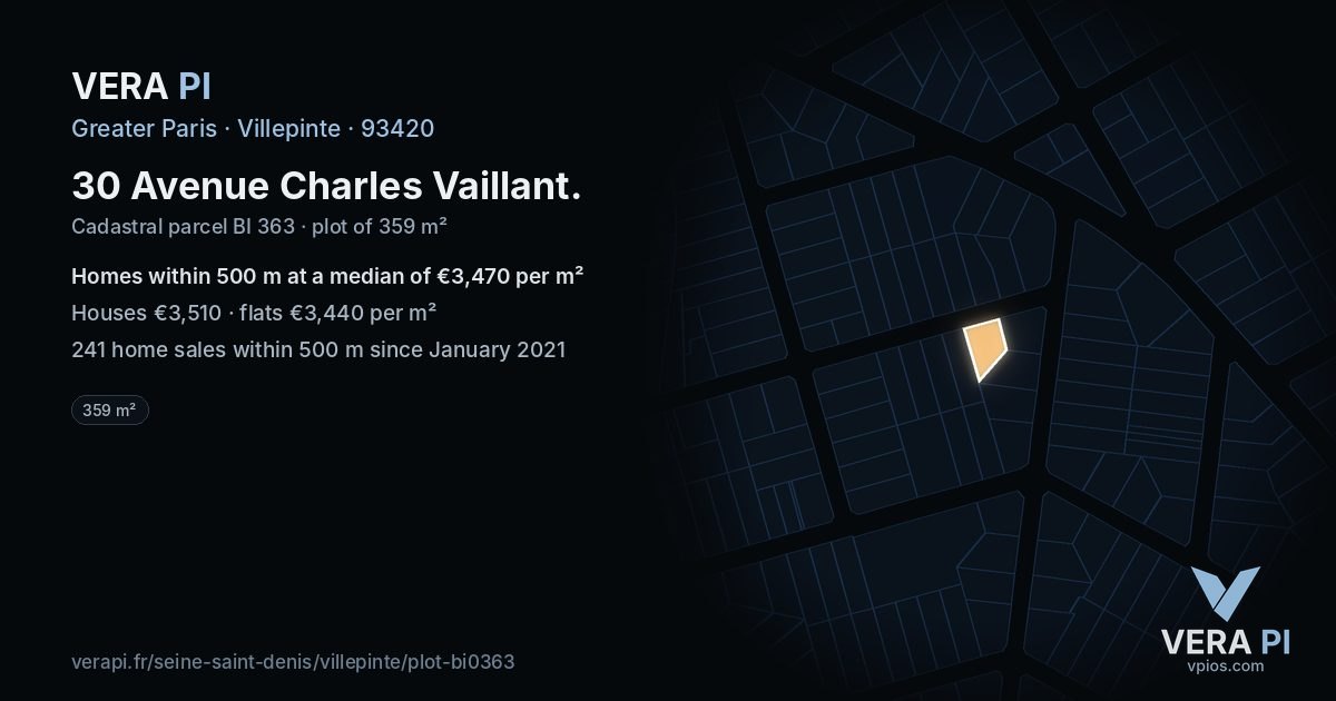30 Avenue Charles Vaillant, Villepinte at night – the plot lit, the parcels around coloured by the prices near them