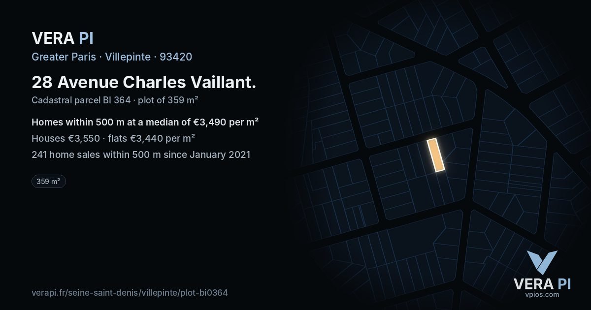 28 Avenue Charles Vaillant, Villepinte at night – the plot lit, the parcels around coloured by the prices near them