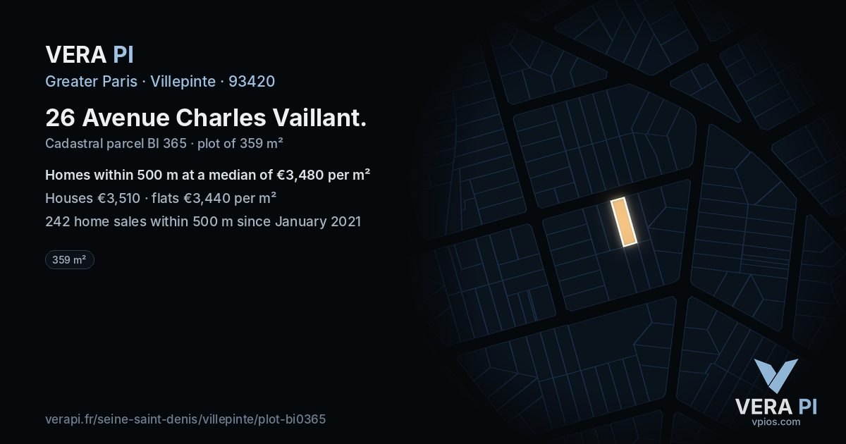 26 Avenue Charles Vaillant, Villepinte at night – the plot lit, the parcels around coloured by the prices near them