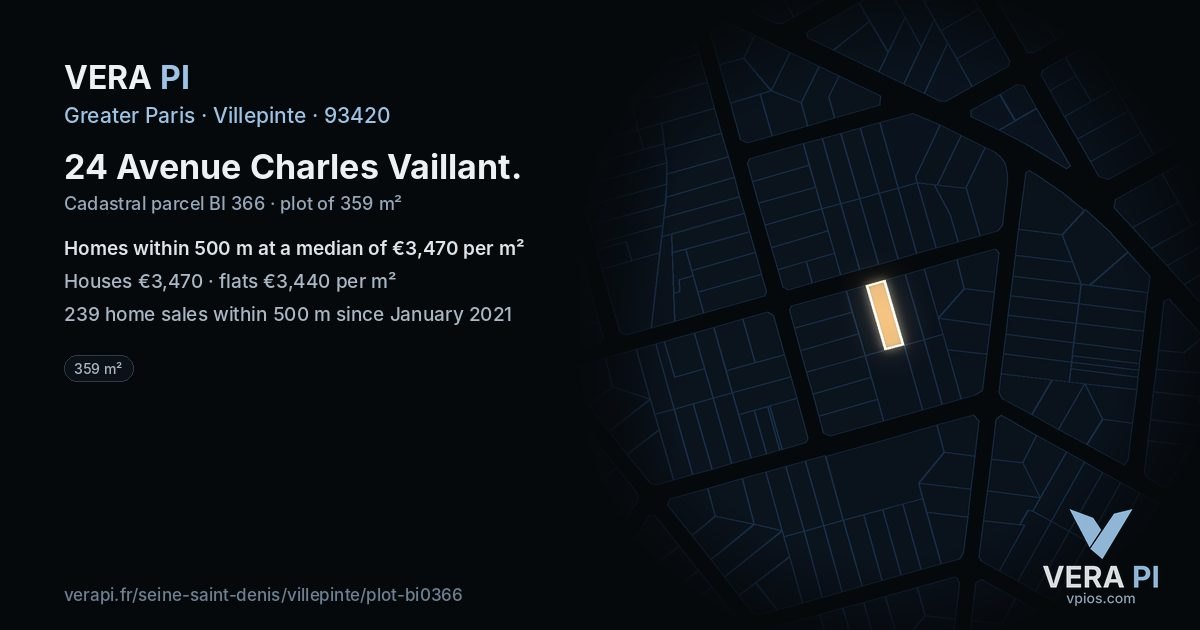 24 Avenue Charles Vaillant, Villepinte at night – the plot lit, the parcels around coloured by the prices near them