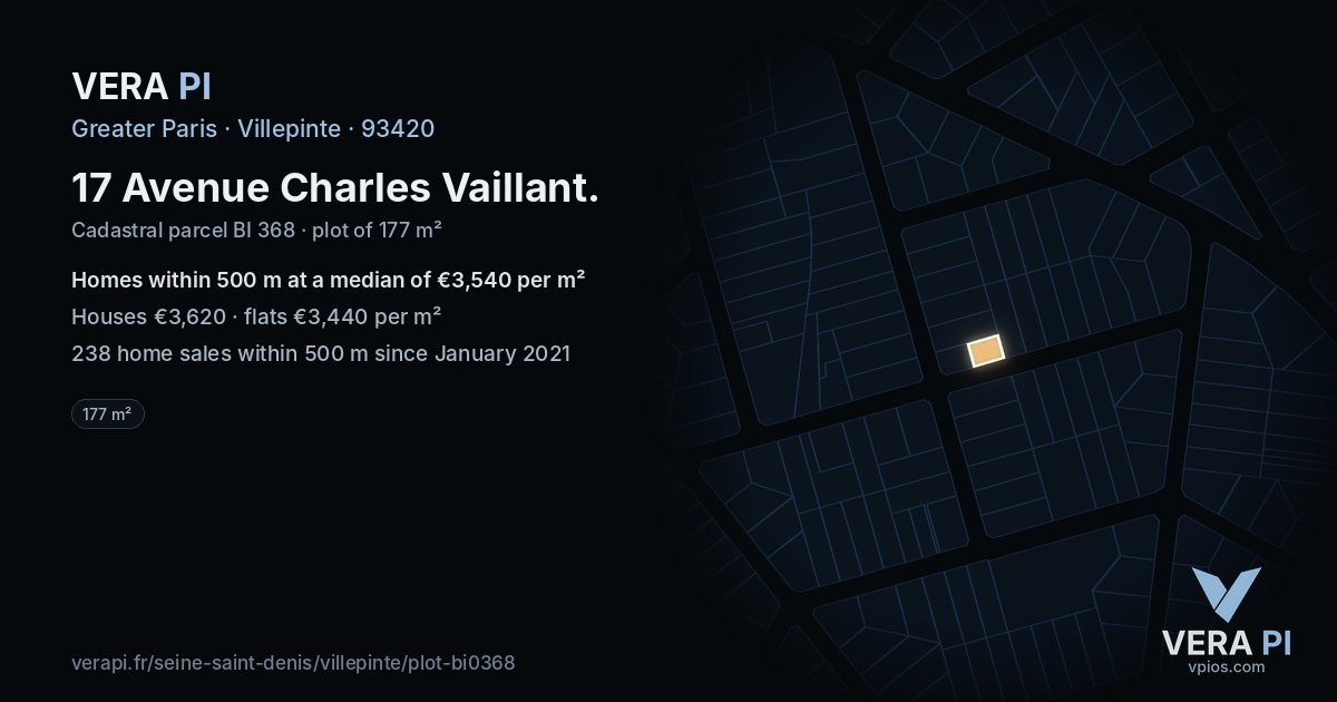 17 Avenue Charles Vaillant, Villepinte at night – the plot lit, the parcels around coloured by the prices near them