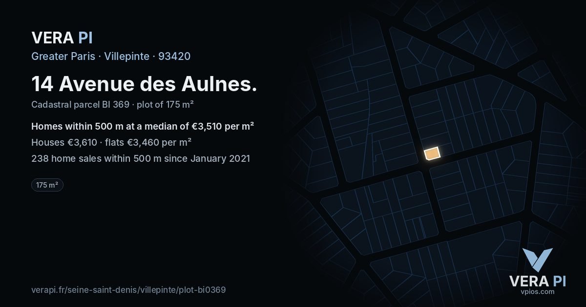 14 Avenue des Aulnes, Villepinte at night – the plot lit, the parcels around coloured by the prices near them