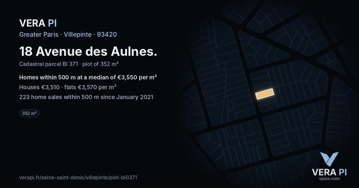 18 Avenue des Aulnes, Villepinte at night – the plot lit, the parcels around coloured by the prices near them