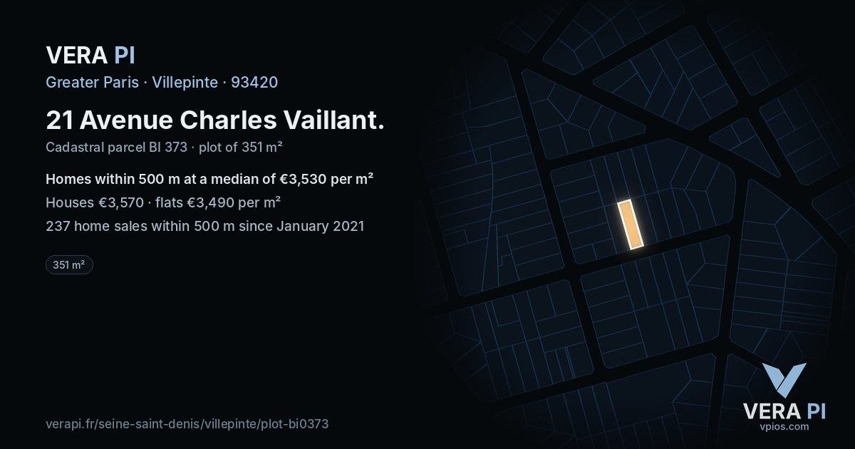 21 Avenue Charles Vaillant, Villepinte at night – the plot lit, the parcels around coloured by the prices near them