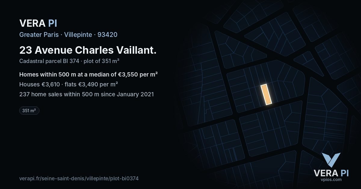 23 Avenue Charles Vaillant, Villepinte at night – the plot lit, the parcels around coloured by the prices near them