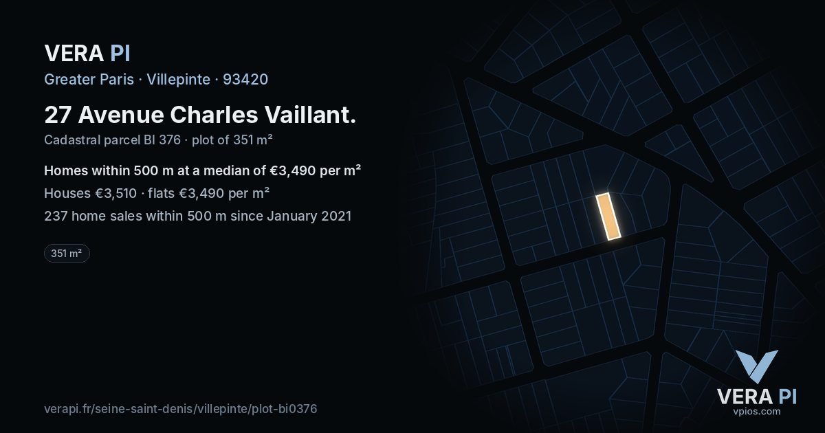 27 Avenue Charles Vaillant, Villepinte at night – the plot lit, the parcels around coloured by the prices near them