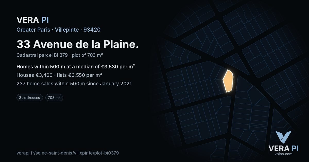 33 Avenue de la Plaine, Villepinte at night – the plot lit, the parcels around coloured by the prices near them