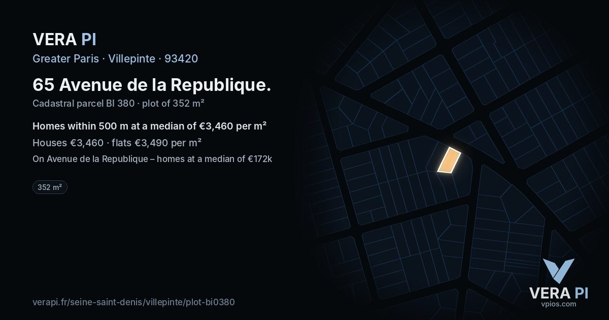 65 Avenue de la Republique, Villepinte at night – the plot lit, the parcels around coloured by the prices near them