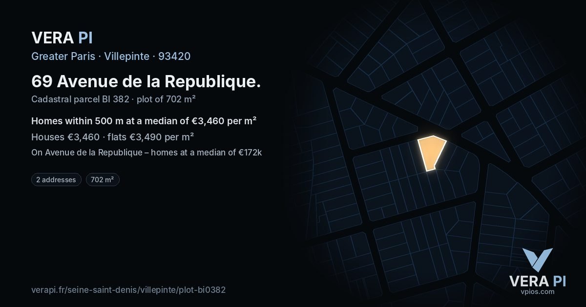 69 Avenue de la Republique, Villepinte at night – the plot lit, the parcels around coloured by the prices near them