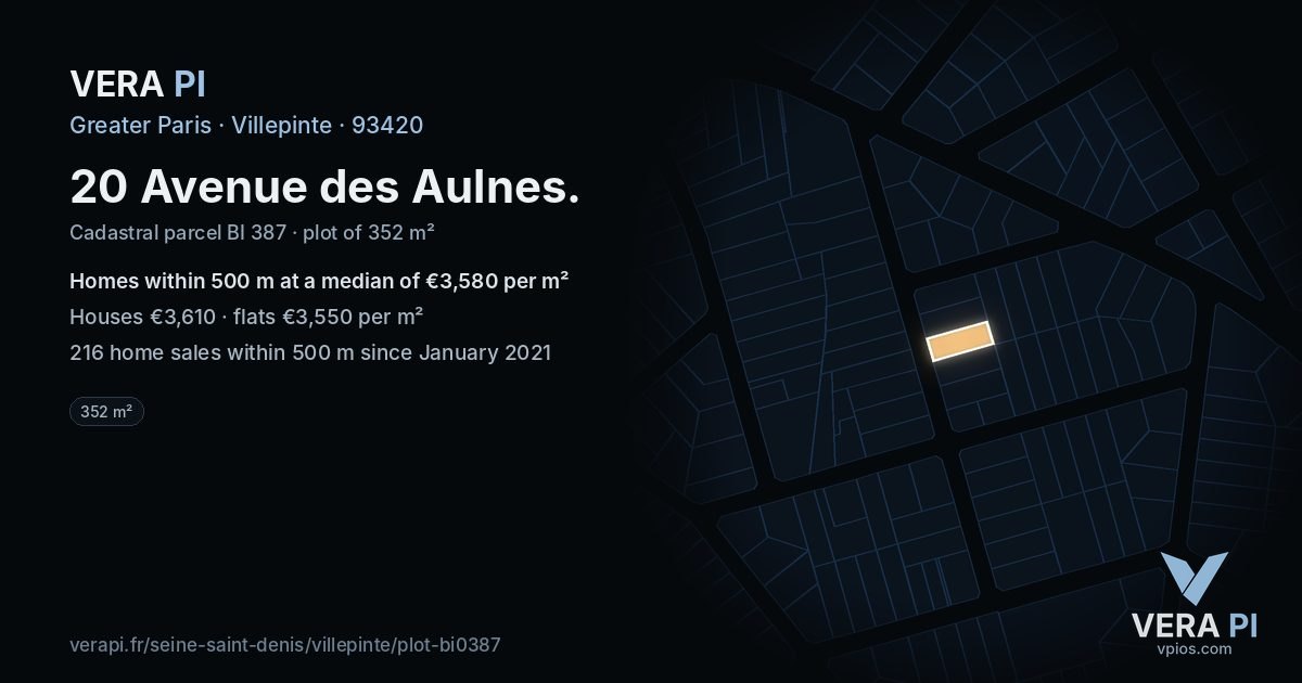 20 Avenue des Aulnes, Villepinte at night – the plot lit, the parcels around coloured by the prices near them