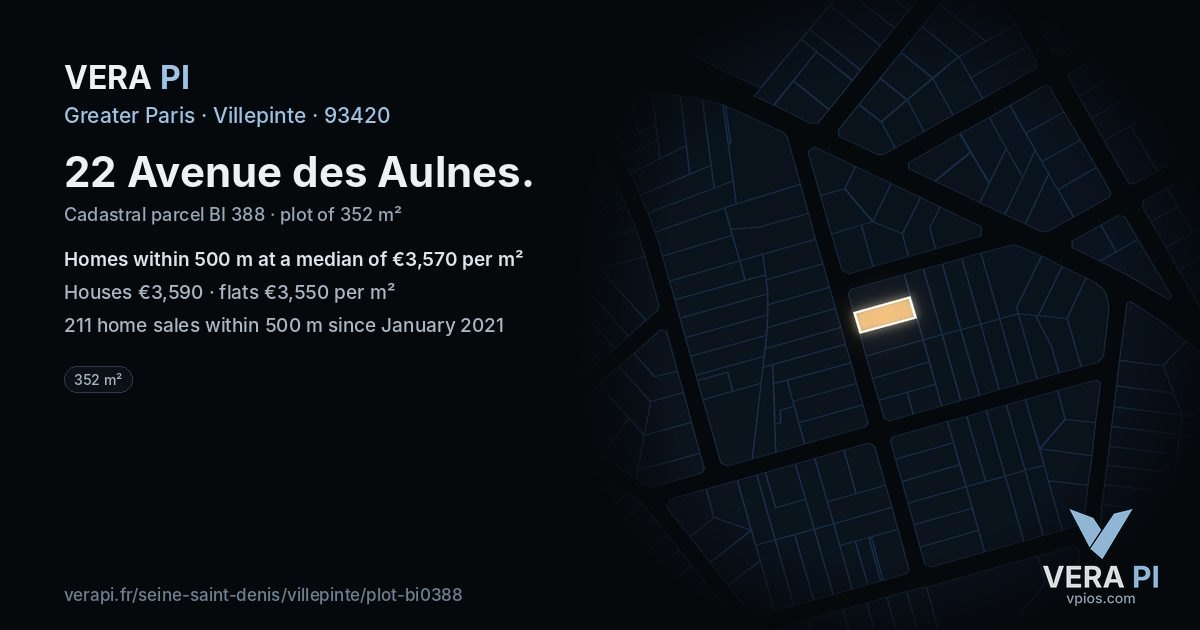 22 Avenue des Aulnes, Villepinte at night – the plot lit, the parcels around coloured by the prices near them