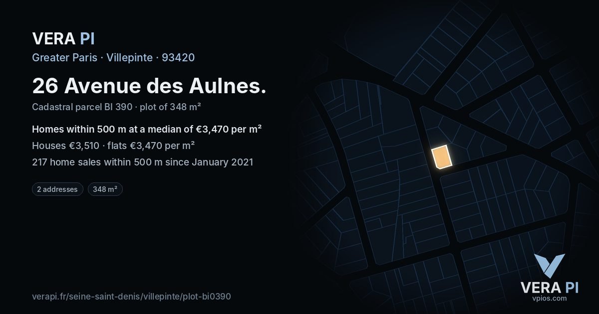 26 Avenue des Aulnes, Villepinte at night – the plot lit, the parcels around coloured by the prices near them