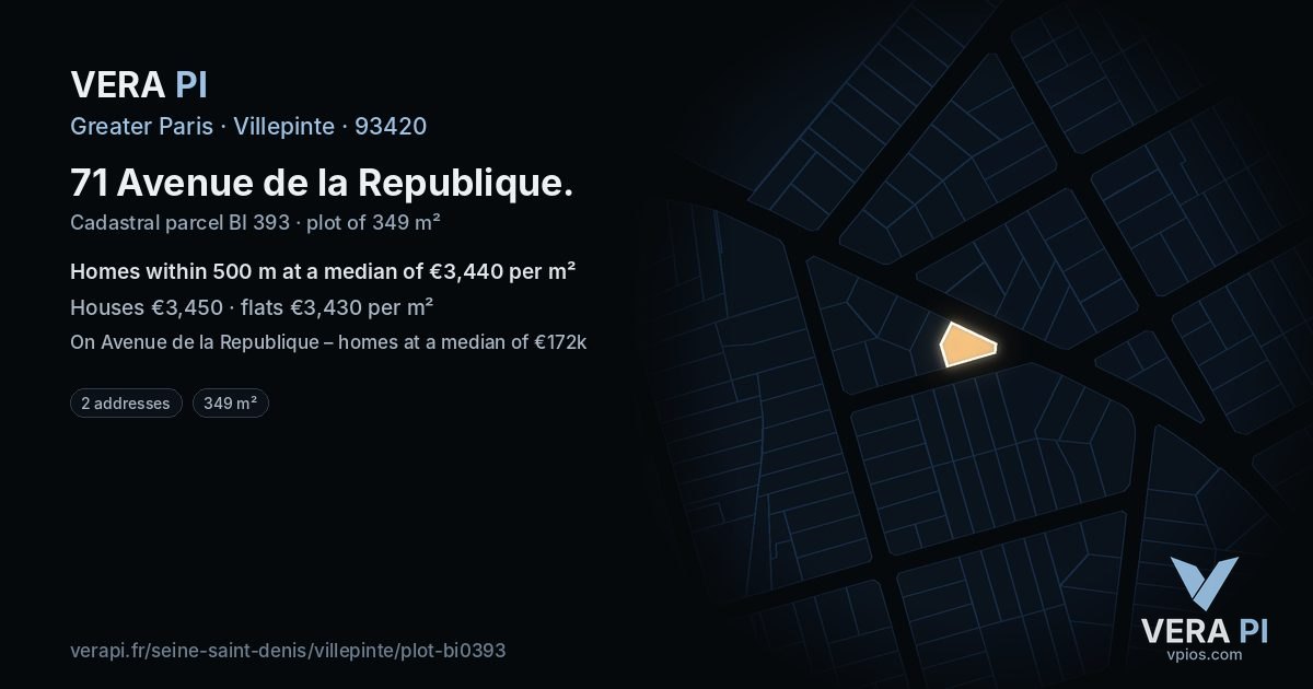 71 Avenue de la Republique, Villepinte at night – the plot lit, the parcels around coloured by the prices near them