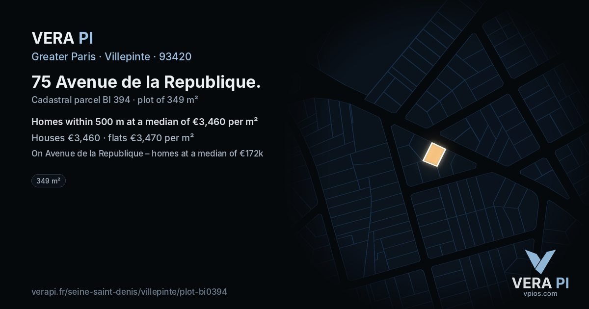 75 Avenue de la Republique, Villepinte at night – the plot lit, the parcels around coloured by the prices near them