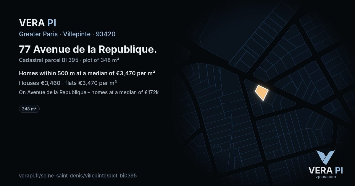 77 Avenue de la Republique, Villepinte at night – the plot lit, the parcels around coloured by the prices near them