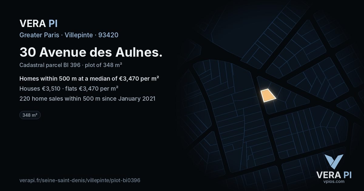 30 Avenue des Aulnes, Villepinte at night – the plot lit, the parcels around coloured by the prices near them