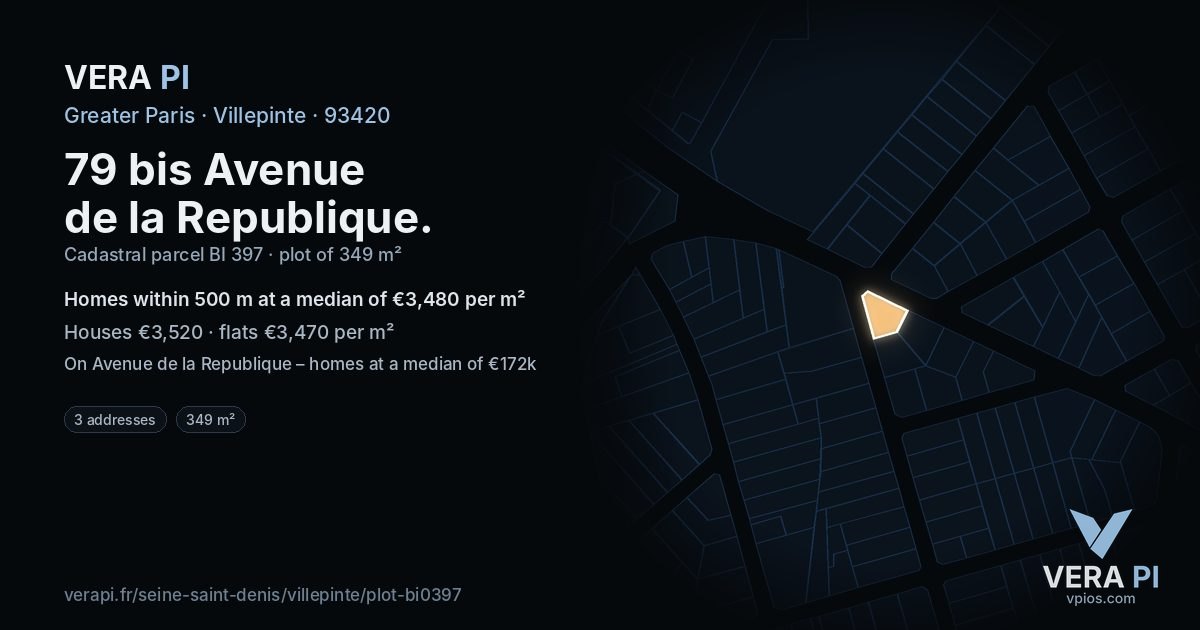 79 bis Avenue de la Republique, Villepinte at night – the plot lit, the parcels around coloured by the prices near them