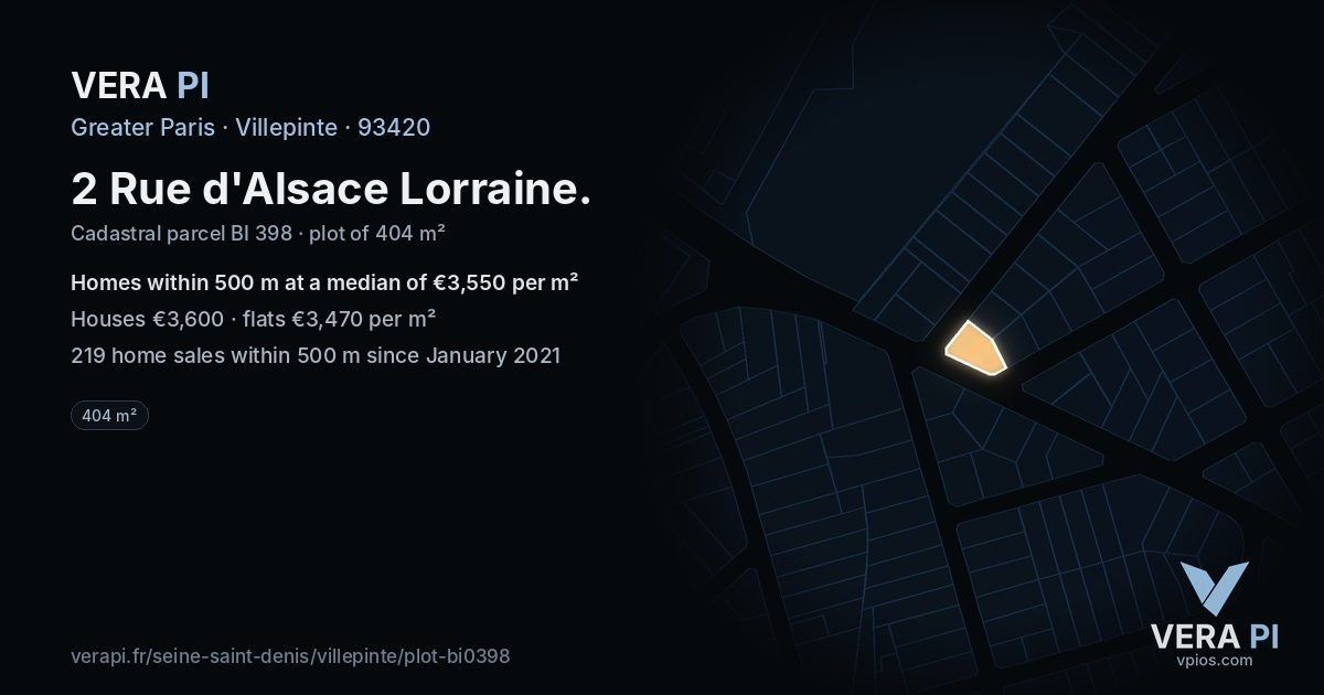 2 Rue d'Alsace Lorraine, Villepinte at night – the plot lit, the parcels around coloured by the prices near them