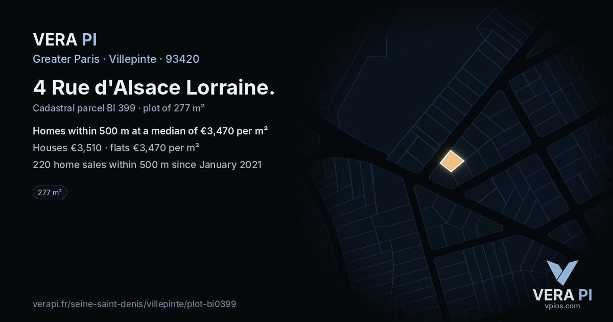 4 Rue d'Alsace Lorraine, Villepinte at night – the plot lit, the parcels around coloured by the prices near them