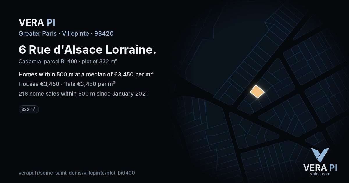 6 Rue d'Alsace Lorraine, Villepinte at night – the plot lit, the parcels around coloured by the prices near them