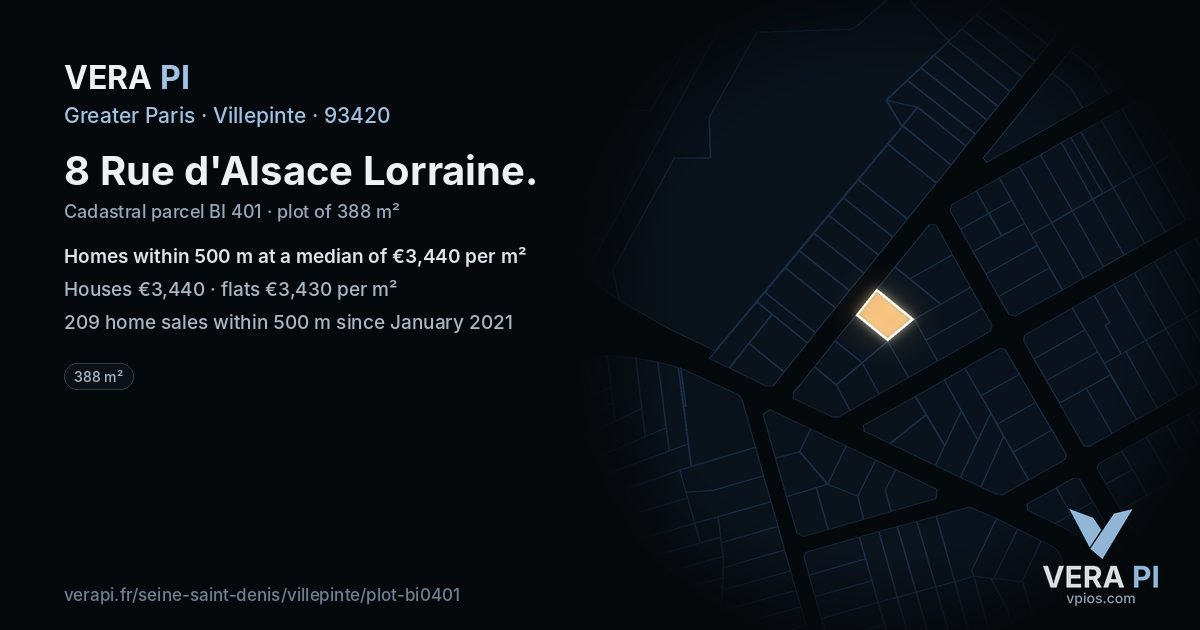 8 Rue d'Alsace Lorraine, Villepinte at night – the plot lit, the parcels around coloured by the prices near them