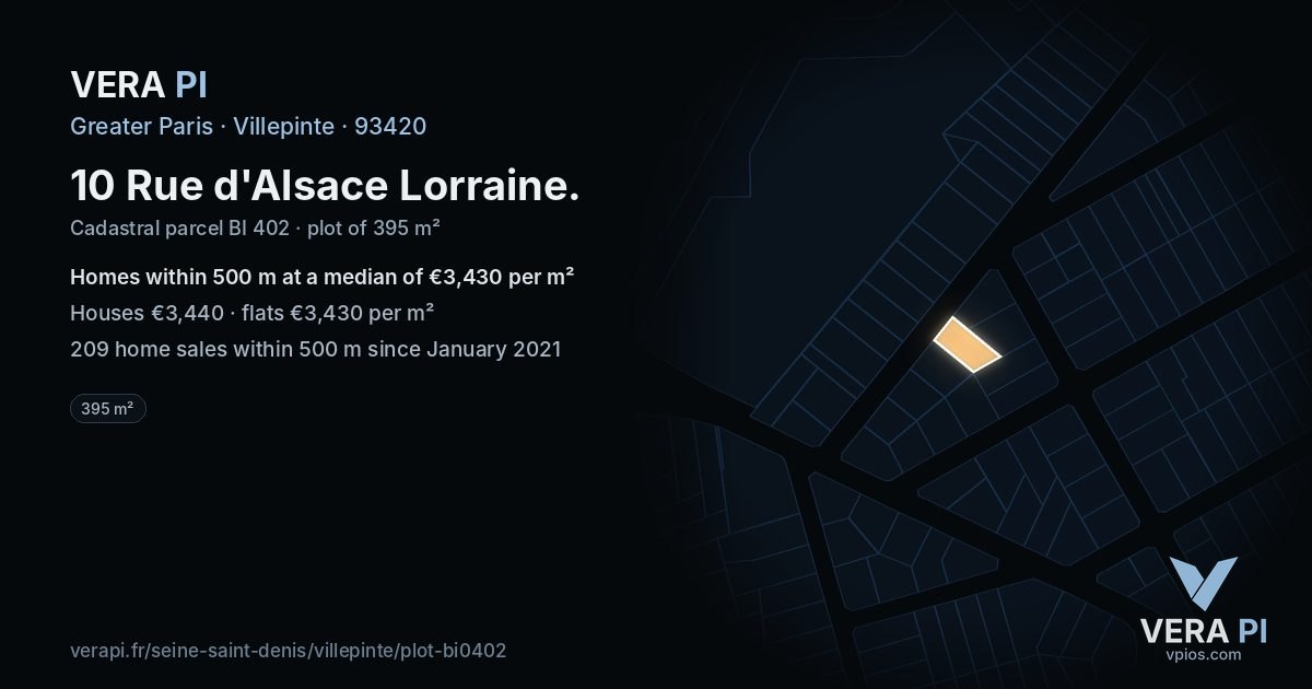 10 Rue d'Alsace Lorraine, Villepinte at night – the plot lit, the parcels around coloured by the prices near them