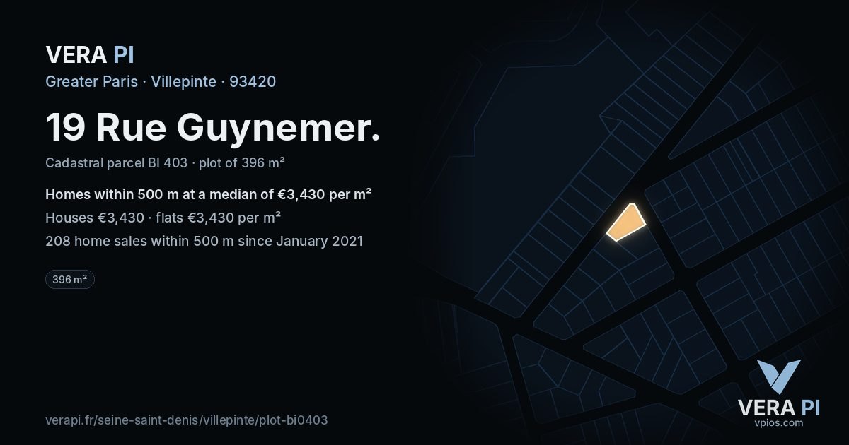 19 Rue Guynemer, Villepinte at night – the plot lit, the parcels around coloured by the prices near them
