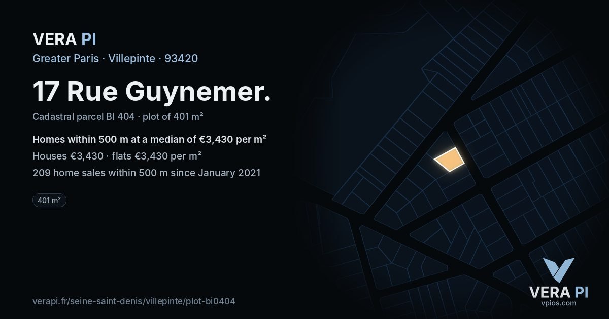 17 Rue Guynemer, Villepinte at night – the plot lit, the parcels around coloured by the prices near them