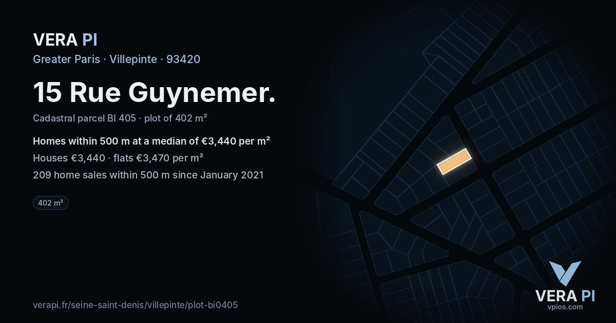 15 Rue Guynemer, Villepinte at night – the plot lit, the parcels around coloured by the prices near them