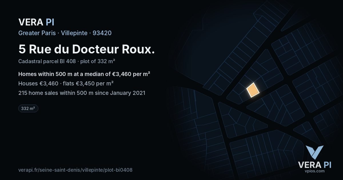 5 Rue du Docteur Roux, Villepinte at night – the plot lit, the parcels around coloured by the prices near them