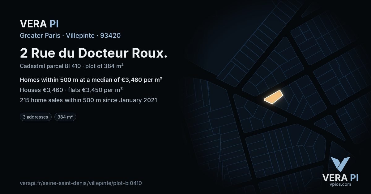 2 Rue du Docteur Roux, Villepinte at night – the plot lit, the parcels around coloured by the prices near them