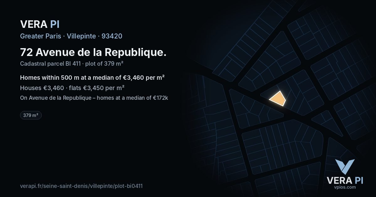 72 Avenue de la Republique, Villepinte at night – the plot lit, the parcels around coloured by the prices near them