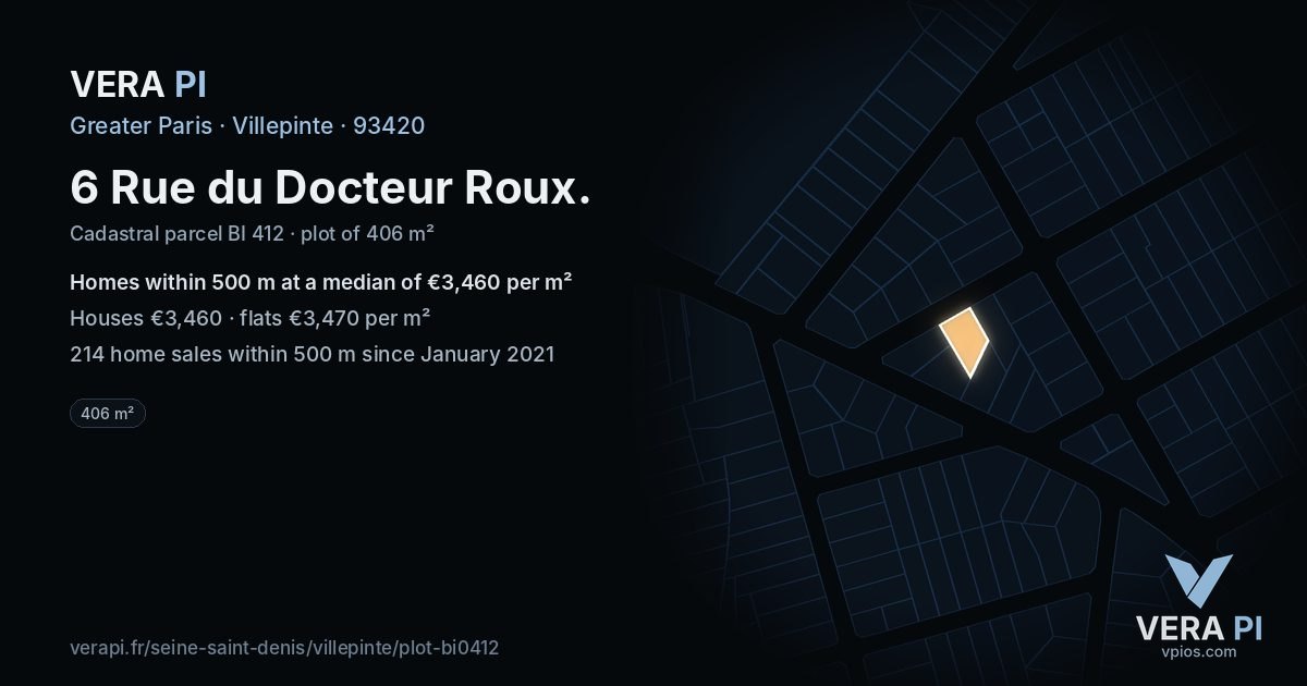 6 Rue du Docteur Roux, Villepinte at night – the plot lit, the parcels around coloured by the prices near them
