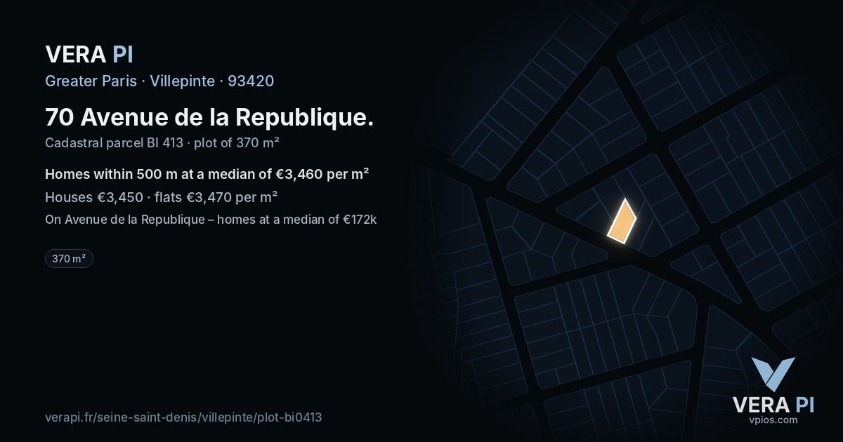 70 Avenue de la Republique, Villepinte at night – the plot lit, the parcels around coloured by the prices near them