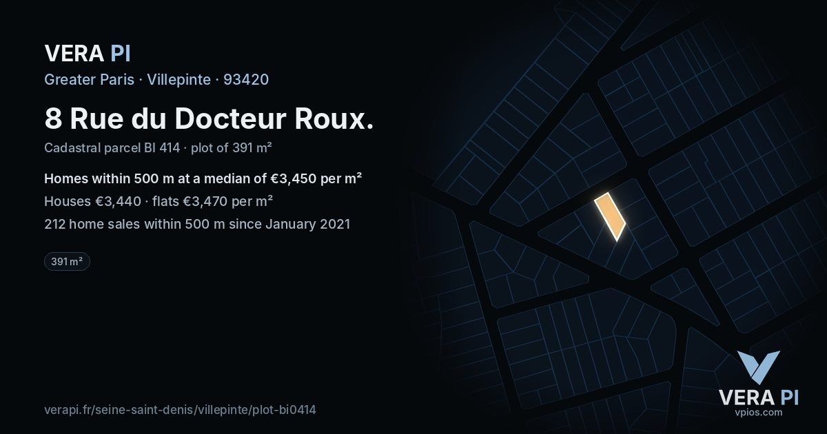 8 Rue du Docteur Roux, Villepinte at night – the plot lit, the parcels around coloured by the prices near them