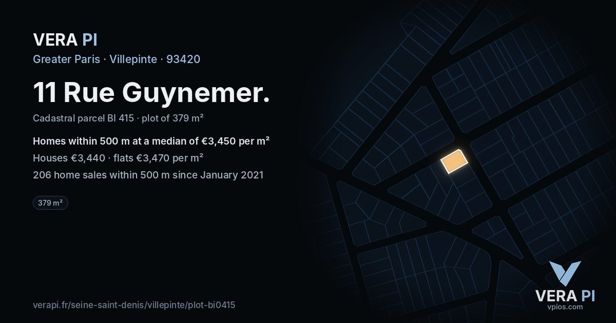 11 Rue Guynemer, Villepinte at night – the plot lit, the parcels around coloured by the prices near them