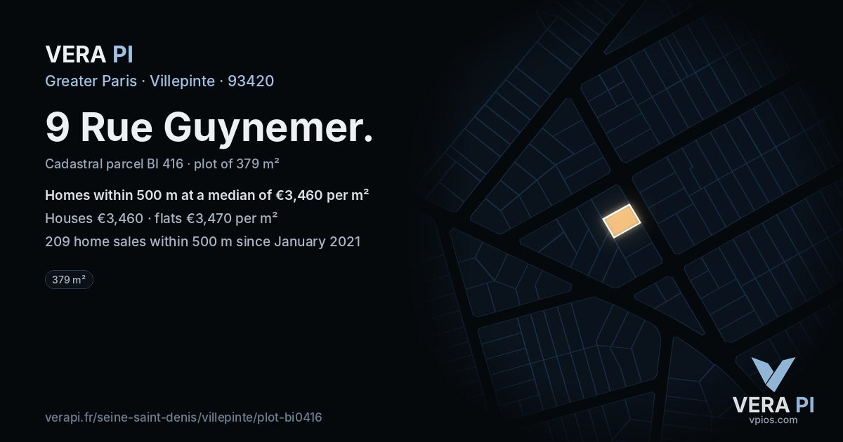 9 Rue Guynemer, Villepinte at night – the plot lit, the parcels around coloured by the prices near them