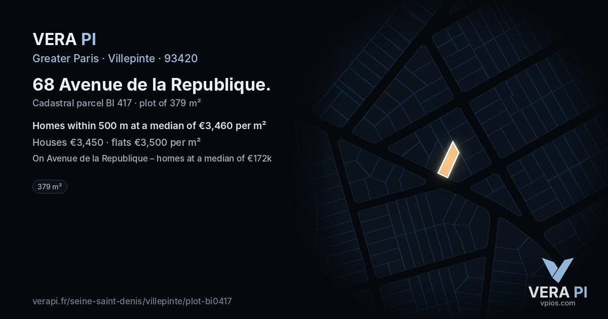 68 Avenue de la Republique, Villepinte at night – the plot lit, the parcels around coloured by the prices near them