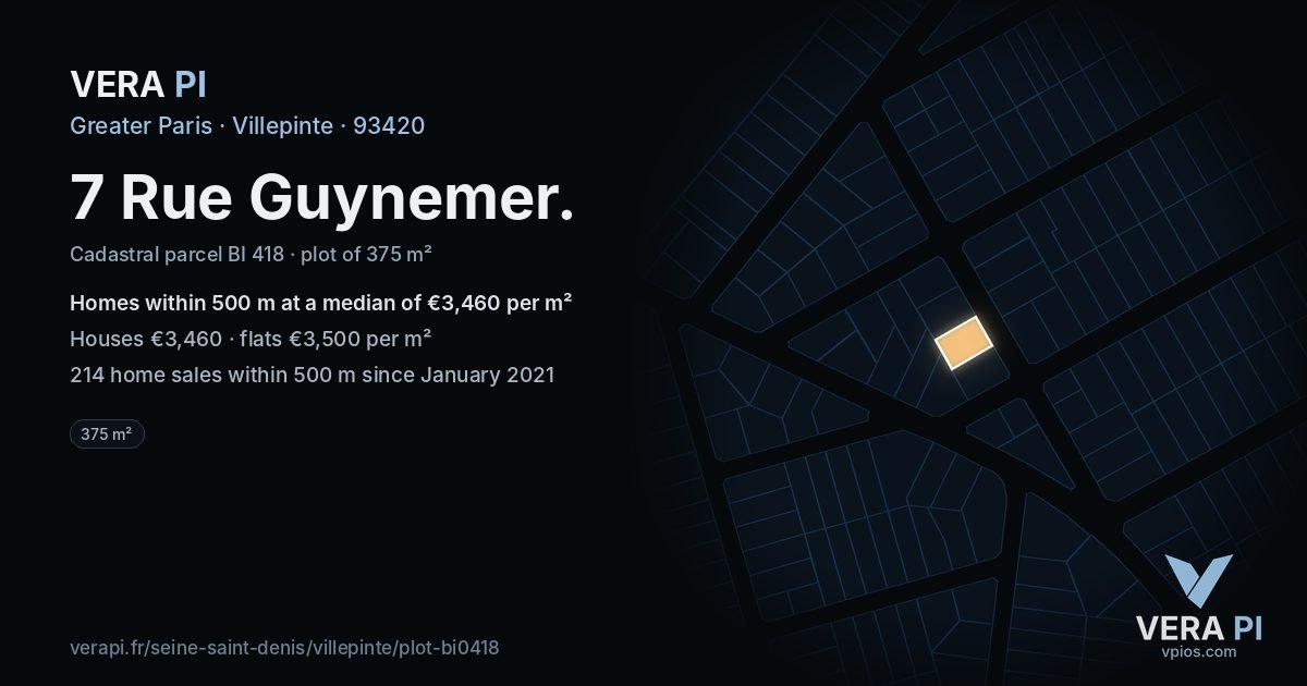 7 Rue Guynemer, Villepinte at night – the plot lit, the parcels around coloured by the prices near them