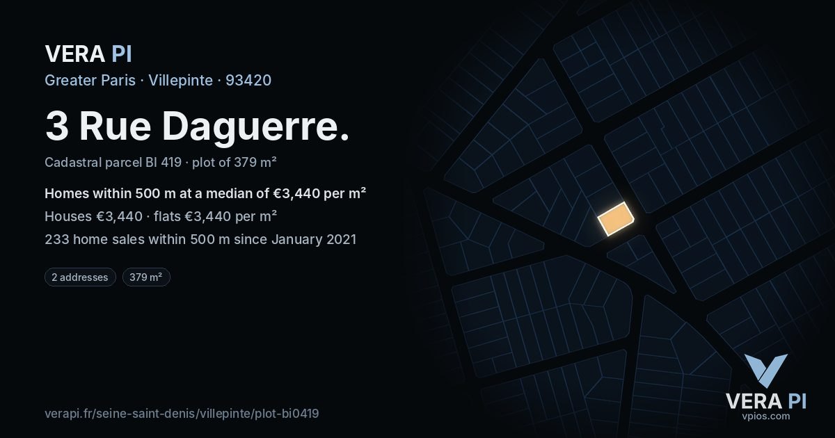 3 Rue Daguerre, Villepinte at night – the plot lit, the parcels around coloured by the prices near them