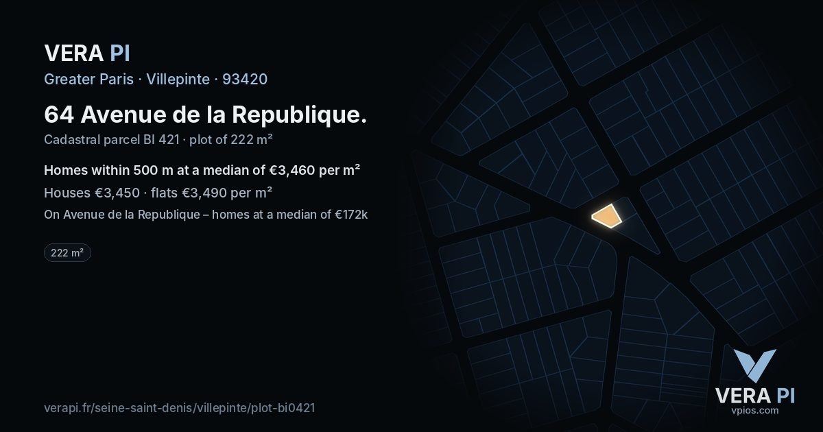 64 Avenue de la Republique, Villepinte at night – the plot lit, the parcels around coloured by the prices near them
