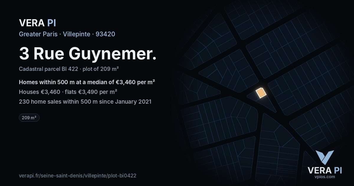 3 Rue Guynemer, Villepinte at night – the plot lit, the parcels around coloured by the prices near them