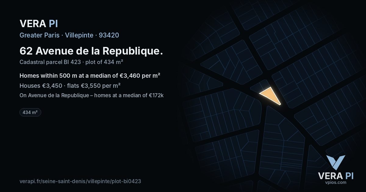 62 Avenue de la Republique, Villepinte at night – the plot lit, the parcels around coloured by the prices near them