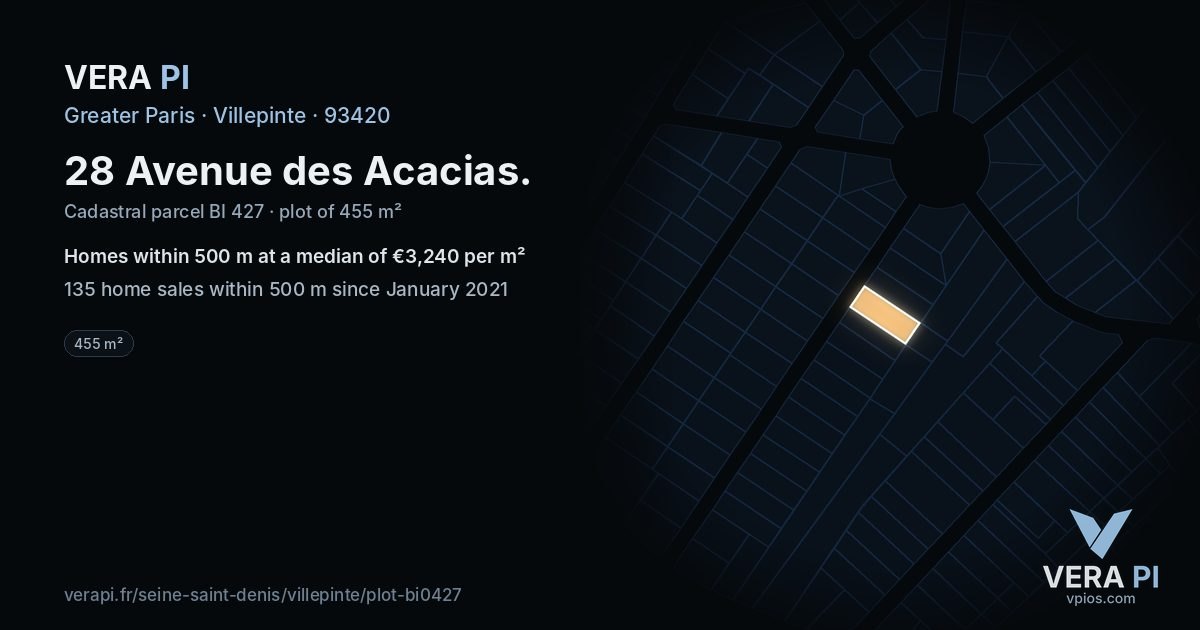 28 Avenue des Acacias, Villepinte at night – the plot lit, the parcels around coloured by the prices near them