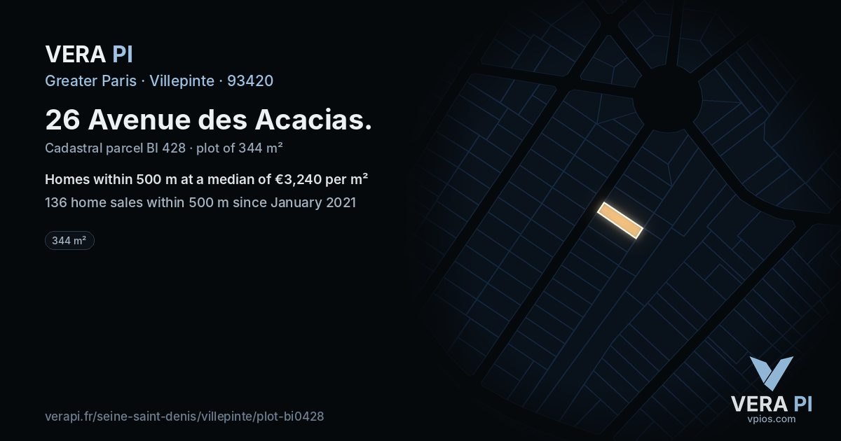 26 Avenue des Acacias, Villepinte at night – the plot lit, the parcels around coloured by the prices near them