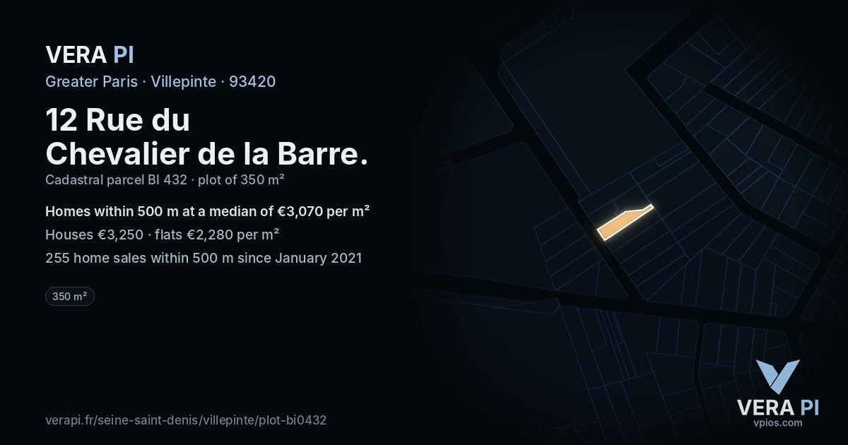 12 Rue du Chevalier de la Barre, Villepinte at night – the plot lit, the parcels around coloured by the prices near them
