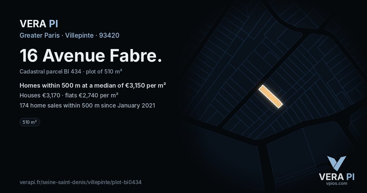 16 Avenue Fabre, Villepinte at night – the plot lit, the parcels around coloured by the prices near them