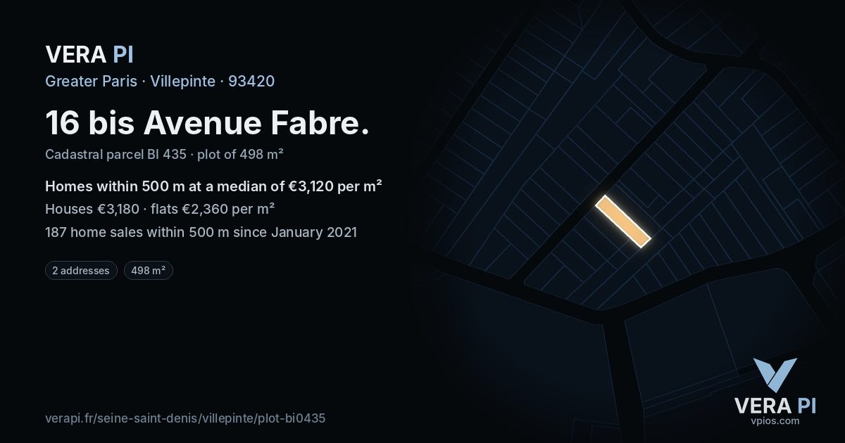 16 bis Avenue Fabre, Villepinte at night – the plot lit, the parcels around coloured by the prices near them
