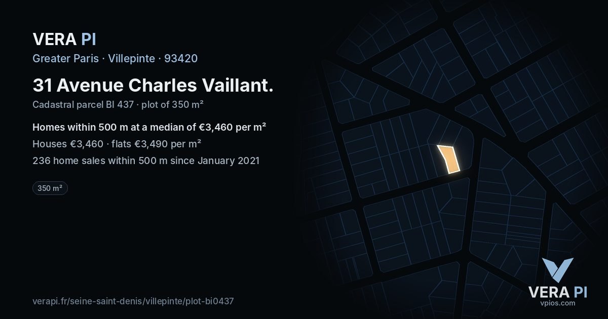 31 Avenue Charles Vaillant, Villepinte at night – the plot lit, the parcels around coloured by the prices near them
