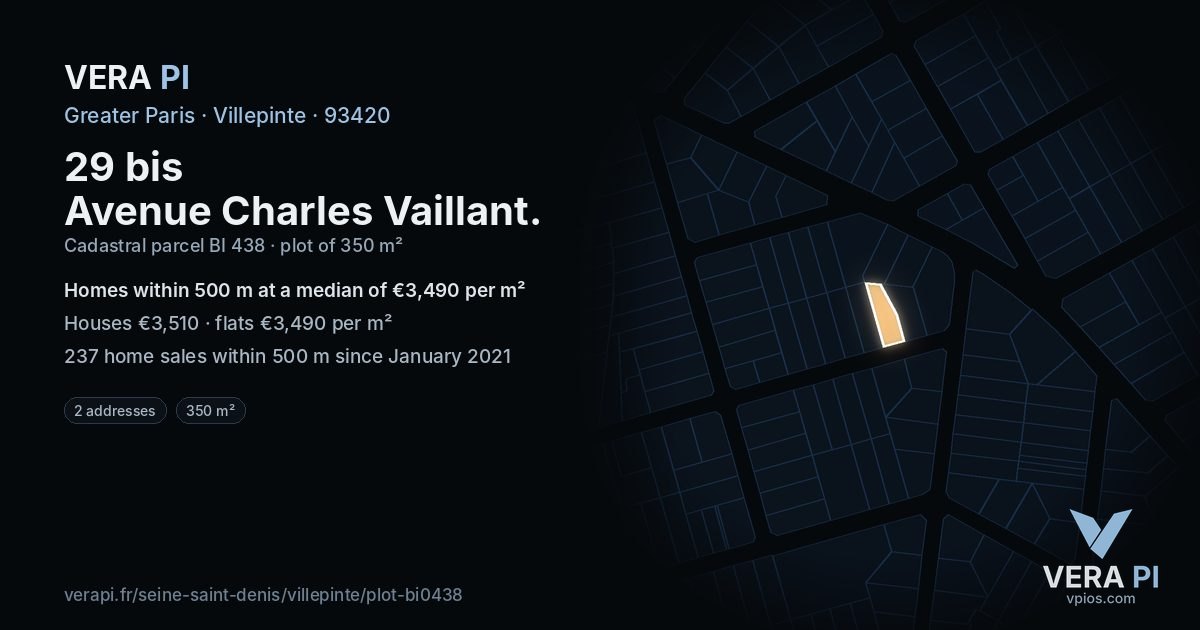 29 bis Avenue Charles Vaillant, Villepinte at night – the plot lit, the parcels around coloured by the prices near them